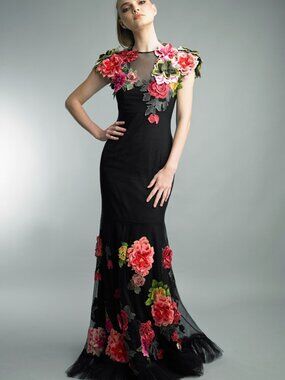 D1447L 3D Floral Embellished Mermaid Gown - Multi